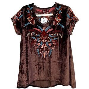 NWT Avani del Amour Brown Crushed Velvet Crocheted Short Sleeve Blouse XS